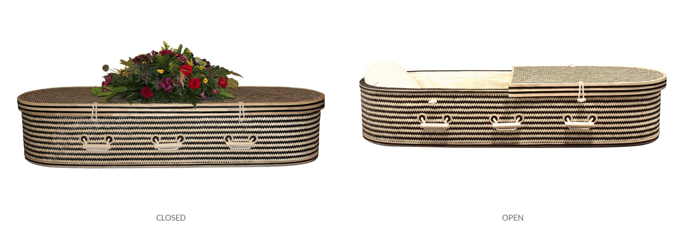 Hampshire herringbone casket, closed on the left and open on the right