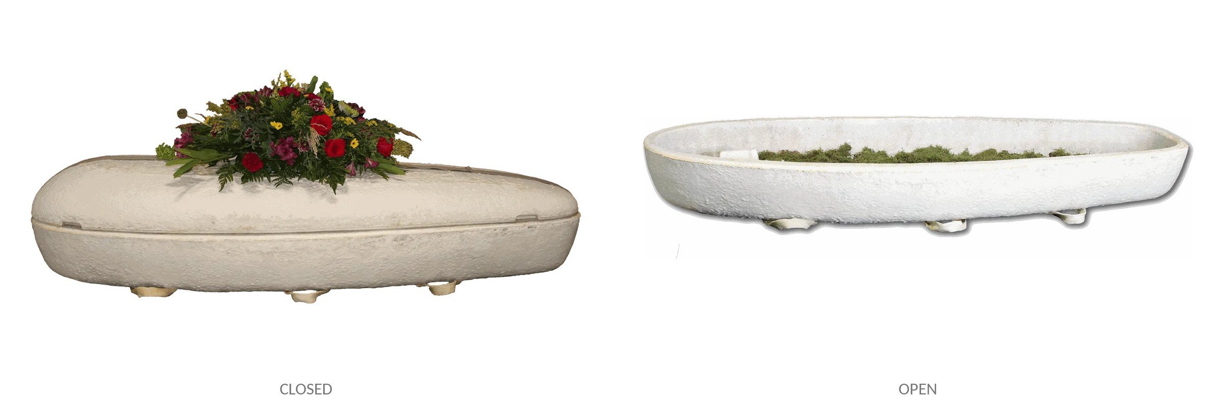 Living Cocoon mushroom casket, closed on the left and an open, moss-lined shell on the right