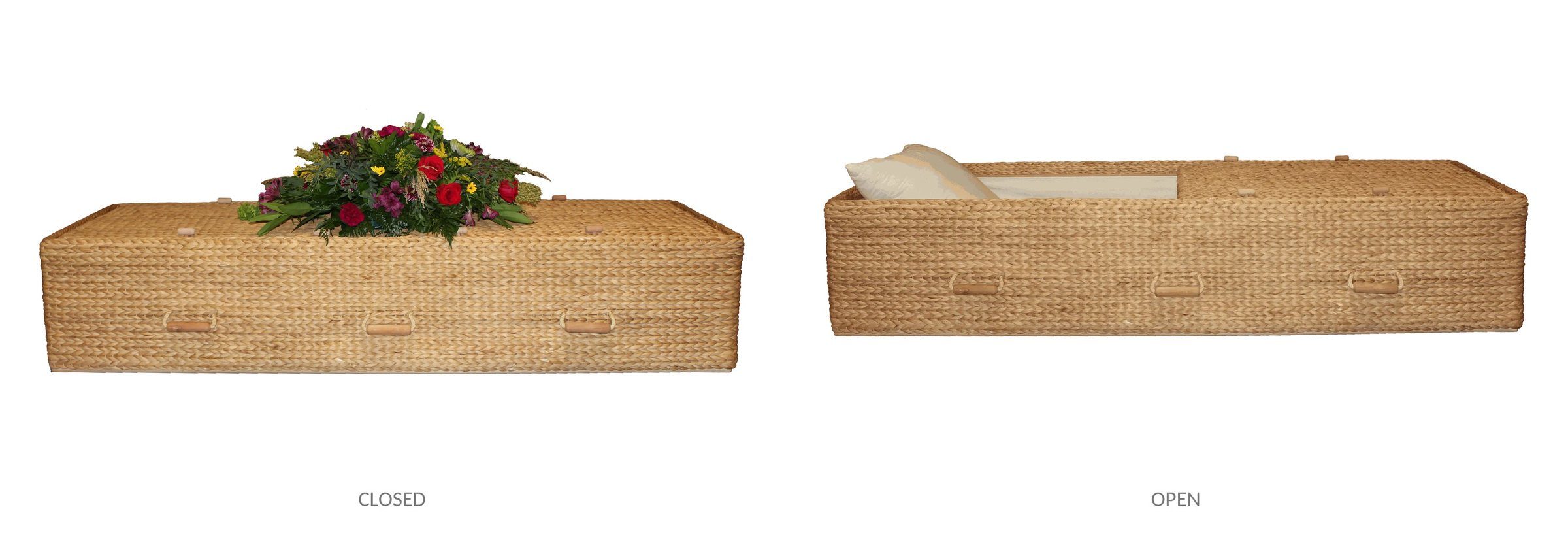 Norfolk natural leaf casket, closed on the left and open on the right