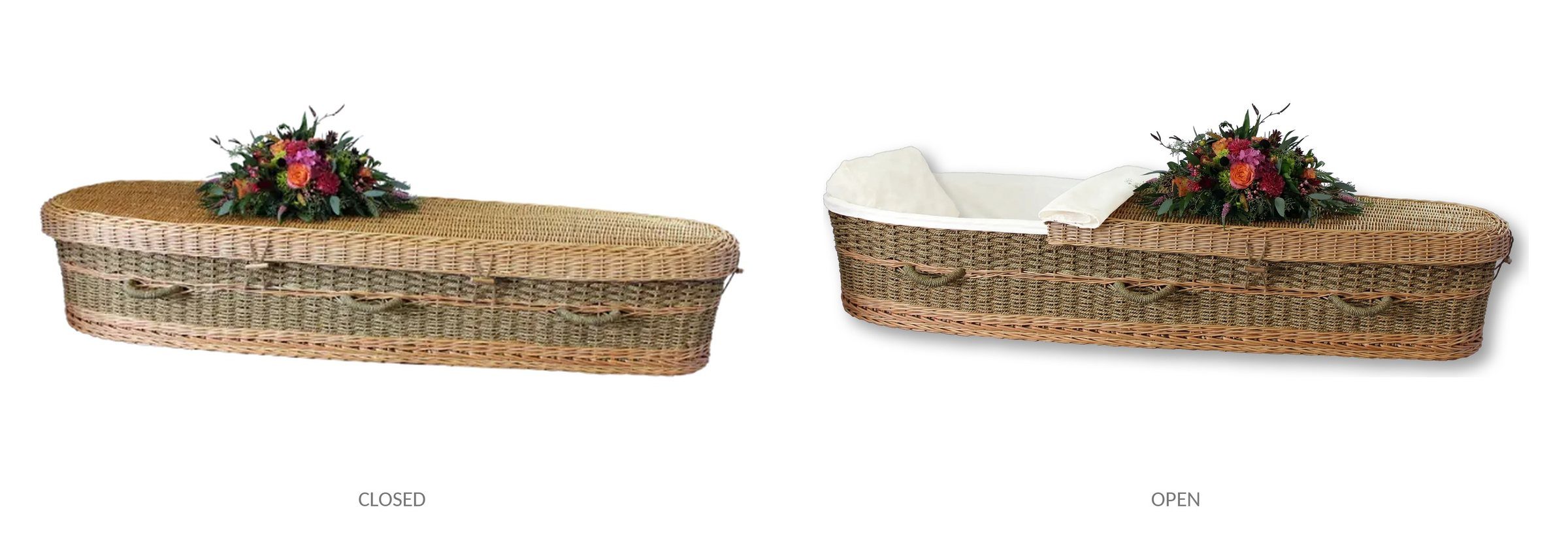 Suffolk seagrass casket, closed on the left and open on the right