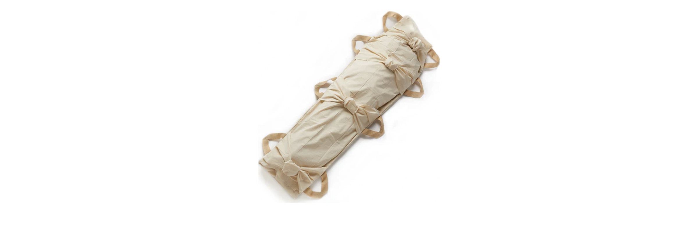 Tru-Green burial shroud, a natural cotton cloth wrapped with cream handles