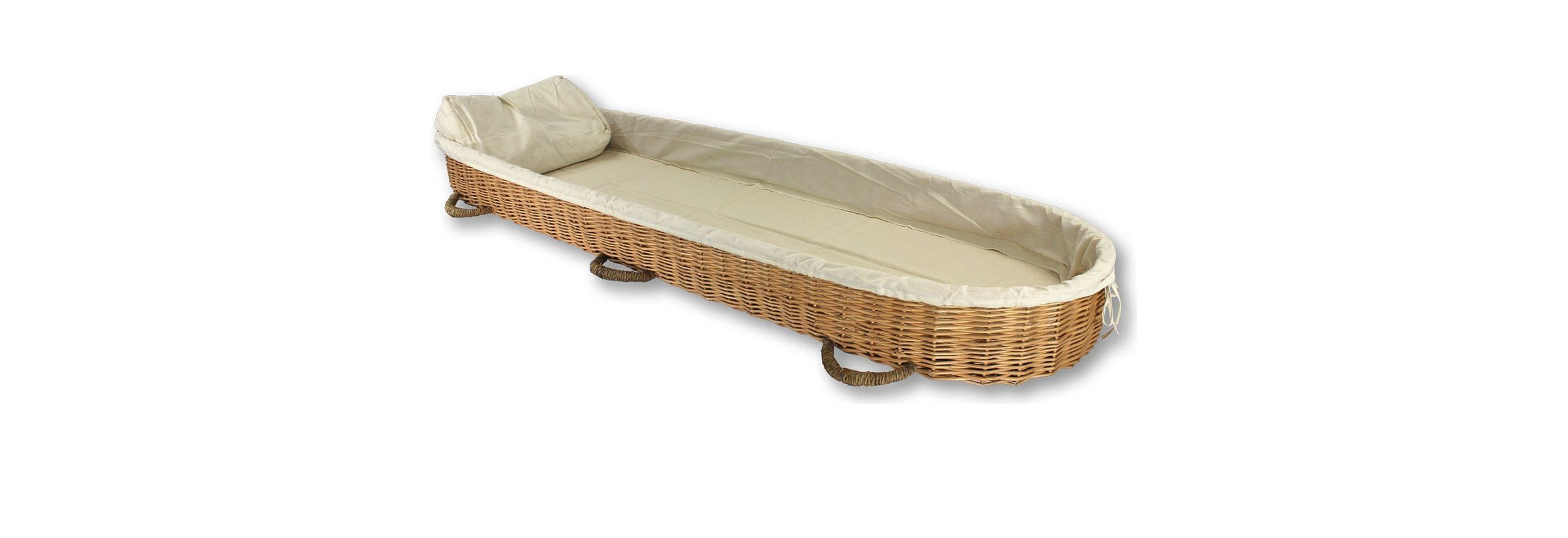 Woven willow burial carrier with a cotton lining and pillow